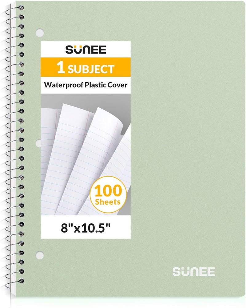 SUNEE Spiral Notebook, 1-Subject, College Ruled Paper, 8" x 10-1/2", 100 Sheets per Notebook, 3-Hole Punched Paper, Water Resistant Cover, Double-sided Pockets, Spiral Lined Notebooks for Work, Green - Image 1